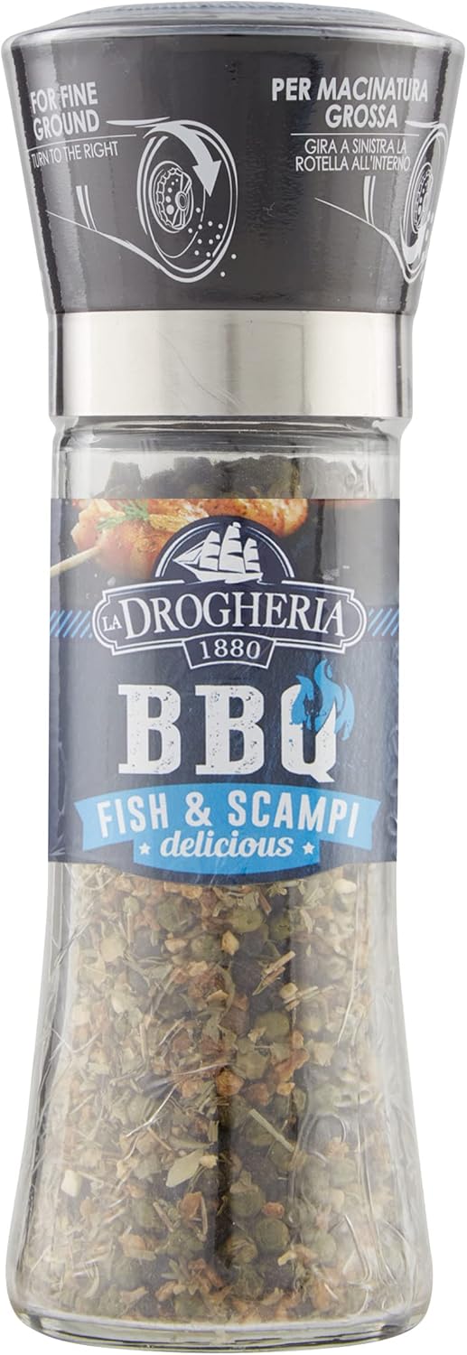 La Drogheria 1880, Linea Macinelli Premium BBQ, Fish & Scampi, con Macina Regolabile sul Tappo, Formato da 60 gr