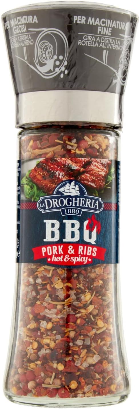 La Drogheria 1880, Linea Macinelli Premium BBQ, Pork & Ribs, con Macina Regolabile sul Tappo, Formato da 105 gr