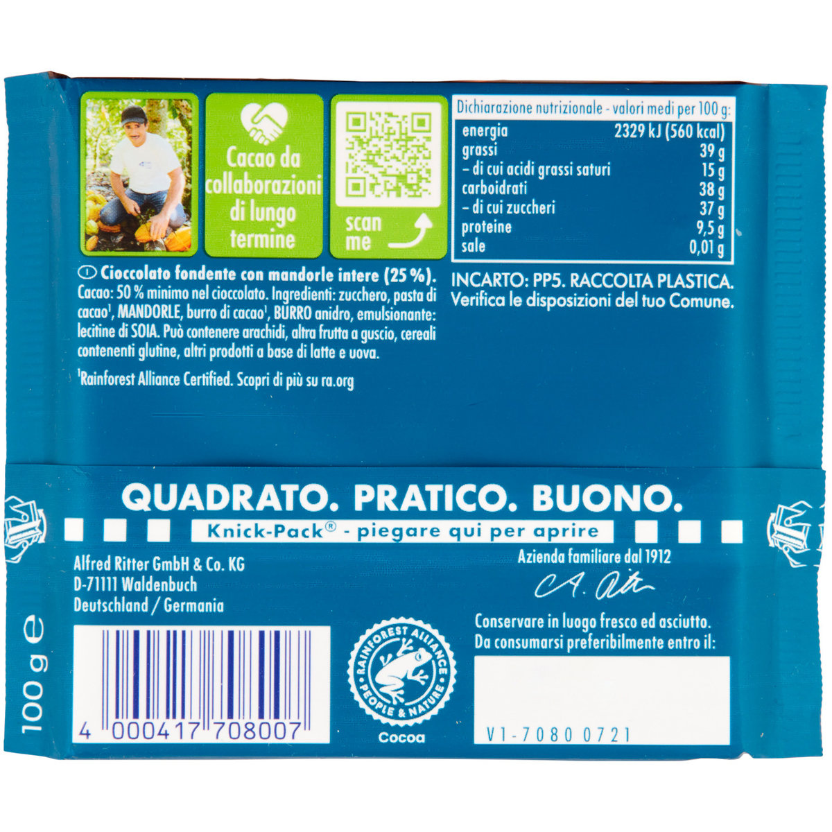 RITTER TAVOLETTA FONDENTE CON MANDORLE INTERE 100GR - immagine 2