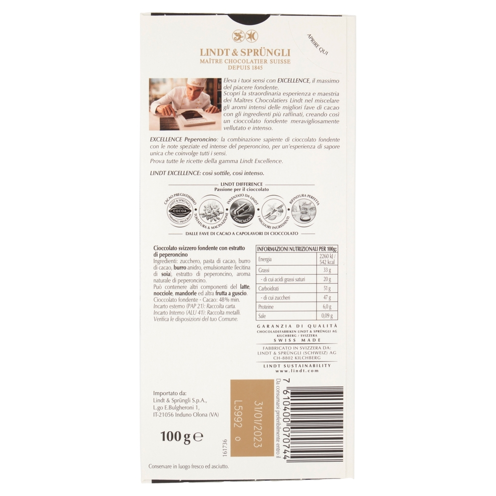LINDT EXCELLENCE TAVOLETTA PEPERONCINO 100GR - immagine 2