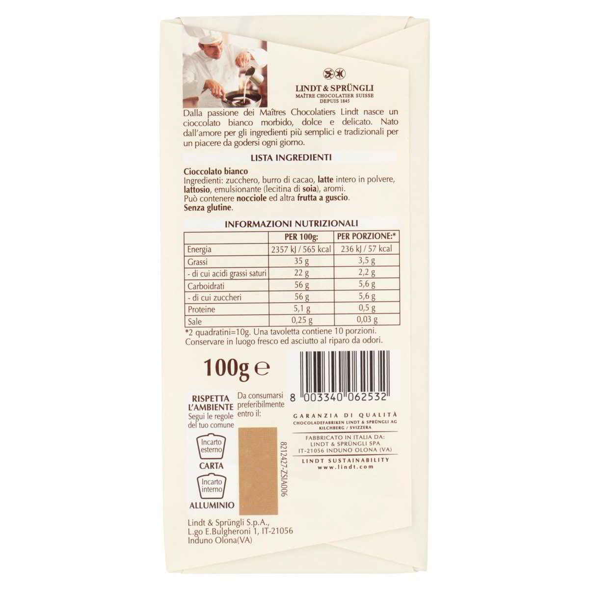 LINDT TAVOLETTA LINDOR BIANCO 100GR