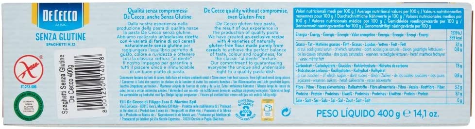 DE CECCO SPAGHETTI SENZA GLUTINE 400 GR - immagine 2