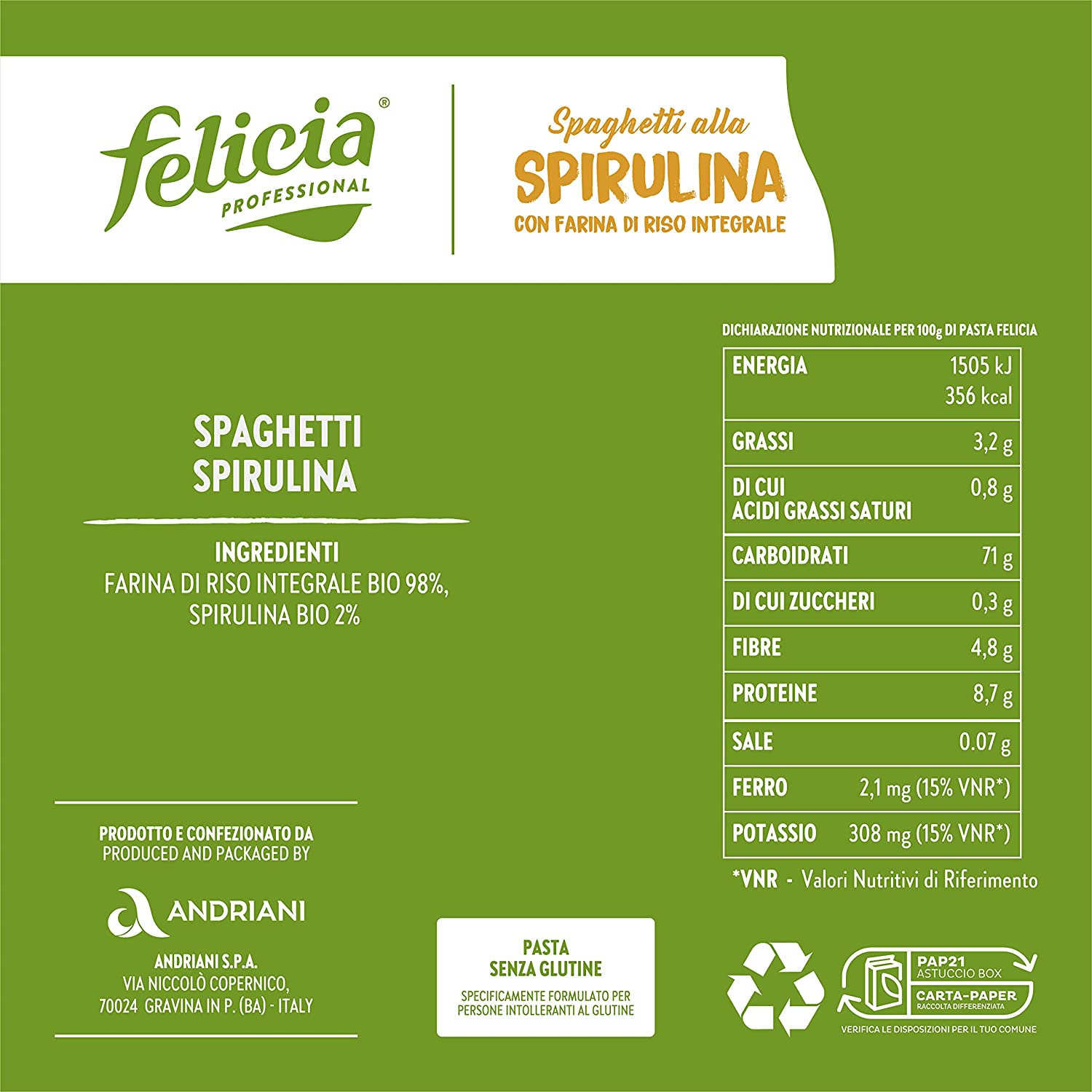 FELICIA SPAGHETTI BIO SENZA GLUTINE ALLA SPIRULINA 250 GR - immagine 2