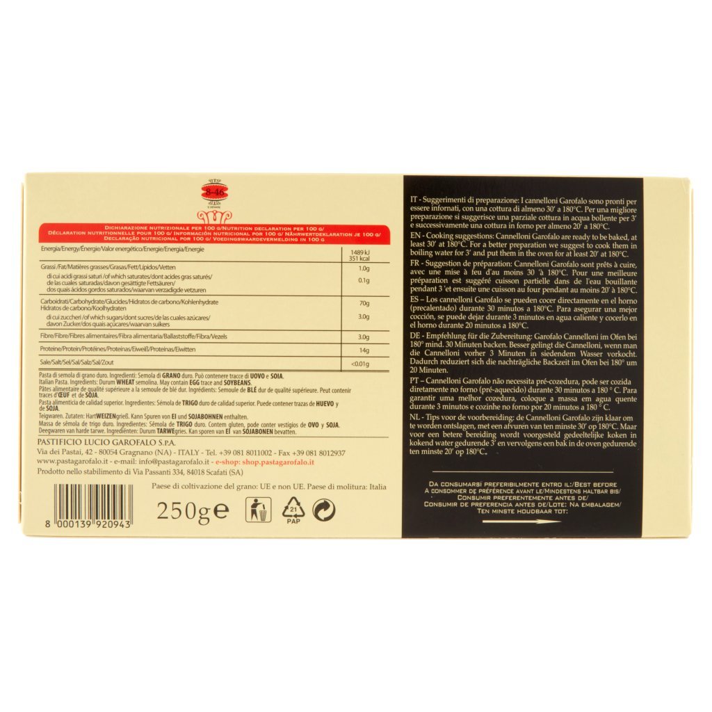 GAROFALO CANNELLONI SEMOLA N. 8-46 250 GR - immagine 2