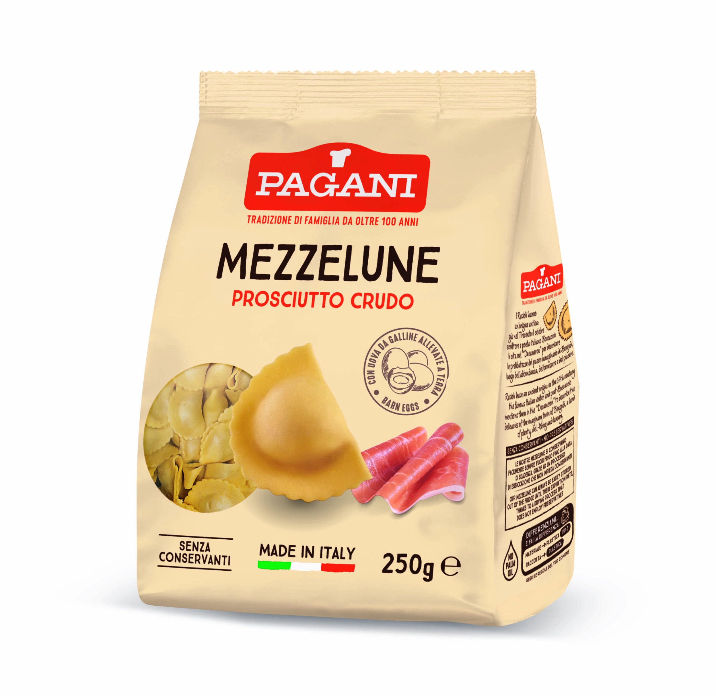 PAGANI RAVIOLI MEZZELUNE AL PROSCIUTTO CRUDO 250 GR