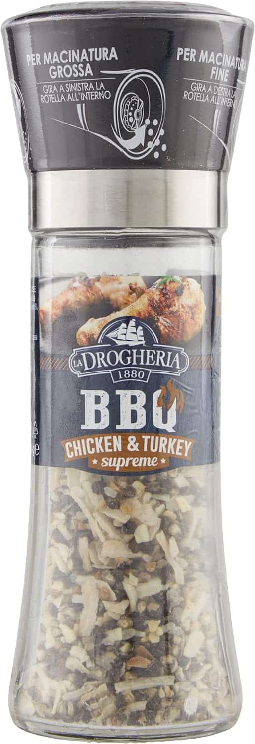 La Drogheria 1880, Linea Macinelli Premium BBQ, Chicken & Turkey, Insaporitore per Piatti a Base di Pollo e Tacchino, Mix Erbe Aromatiche, Spezie e Sale, Sapore Agrumato e Pungente, Formato da 100 gr