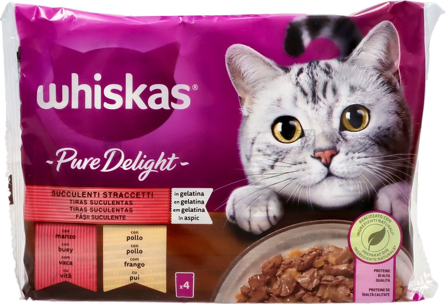 WHISKAS PURE DELIGHT STRACCETTI MANZO E POLLO 4X85GR
