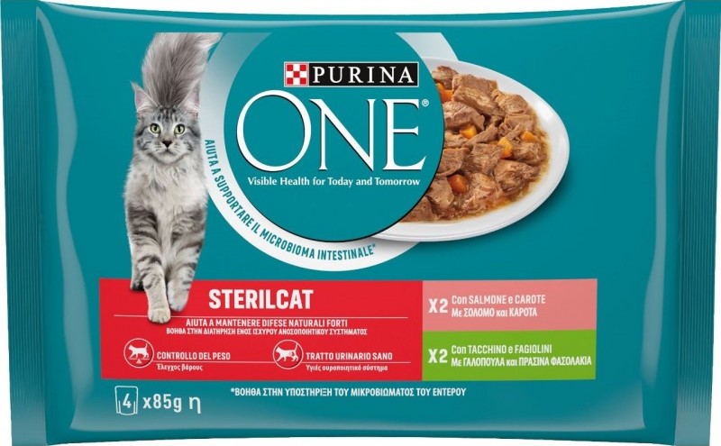 PURINA ONE GATTO CON SALMONE E CAROTE, CON TACCHINO E FAGIOLINI 4X85GR