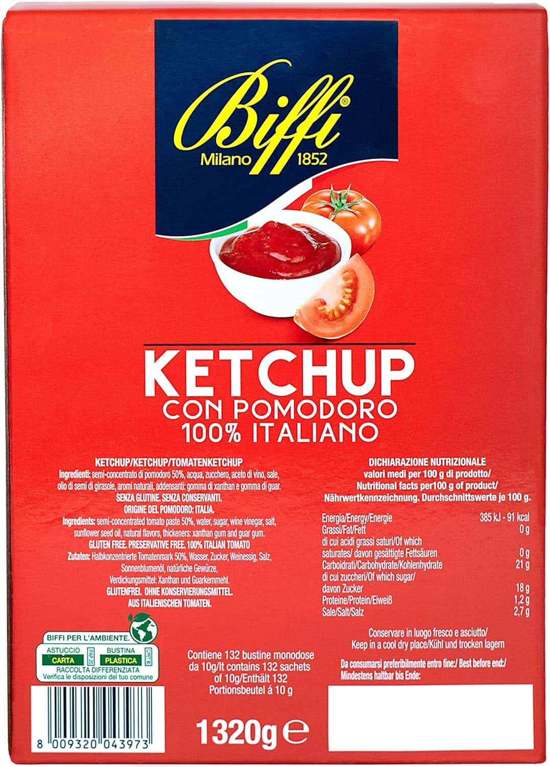 Biffi - Ketchup con pomodoro 100% Italiano - Monodose - 132 bustine monoporzione da 10 g - immagine 3